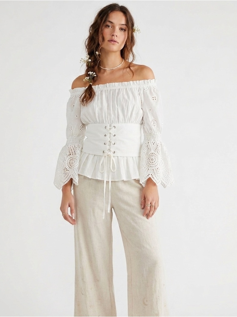 Off-Shoulder Eyelet Peasant Top with Lace-Up Waist Fairycore Boho - Picture 1 of 7